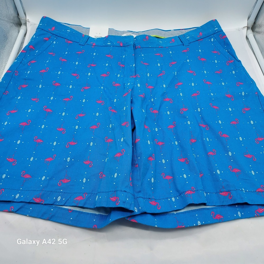 Crown & Ivy Womens Blue Pink Flamingo Print Bermuda Shorts Size 16 NWT